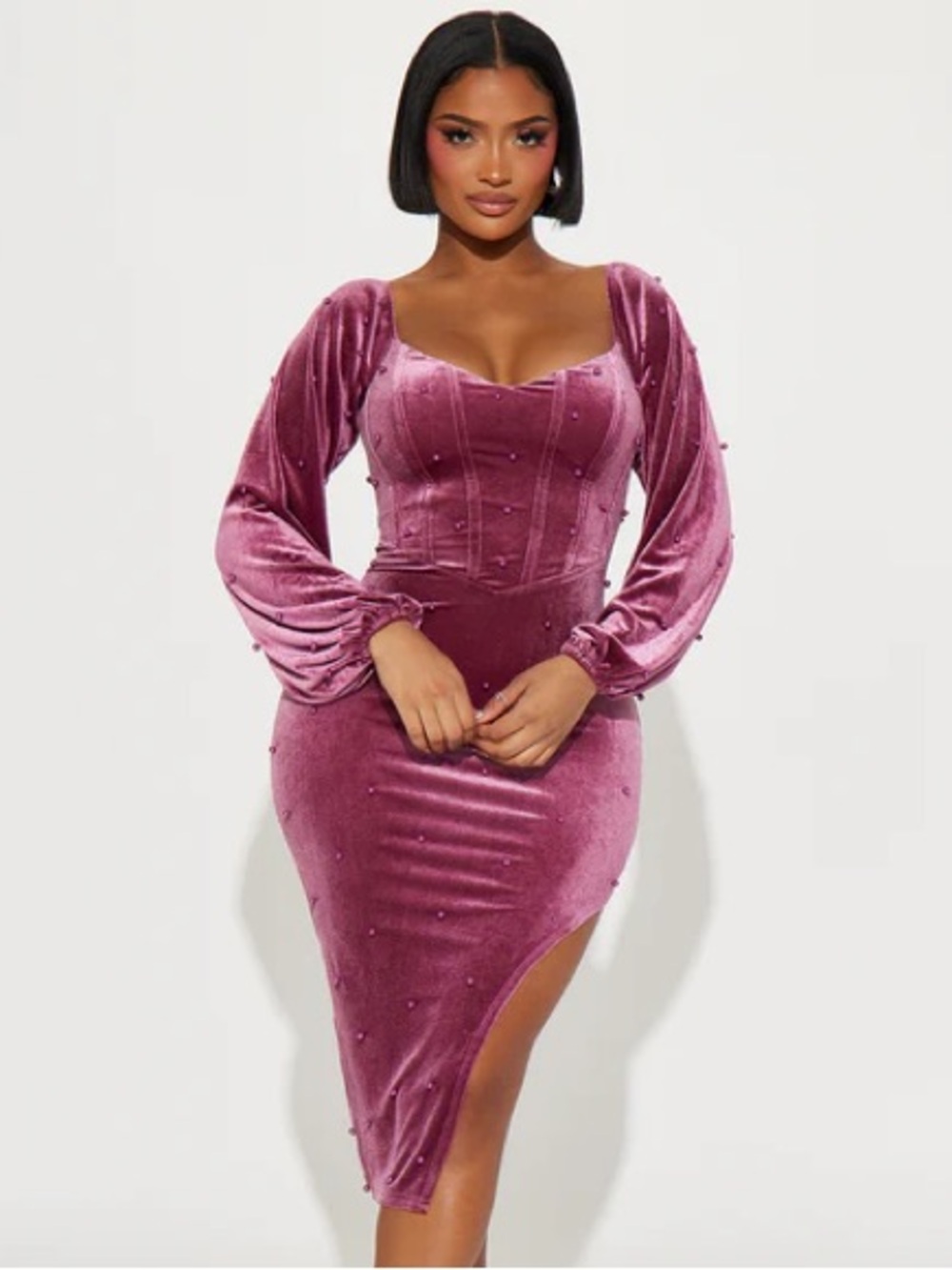 Fashion Nova Pearl-Embellished Velvet Midi Dress in Mauve